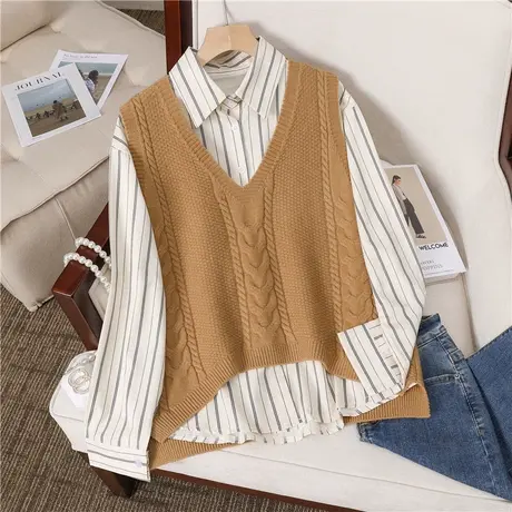 马甲背心外套春秋季2023新款针织衫V领女士麻花毛衣宽松马甲外穿商品大图