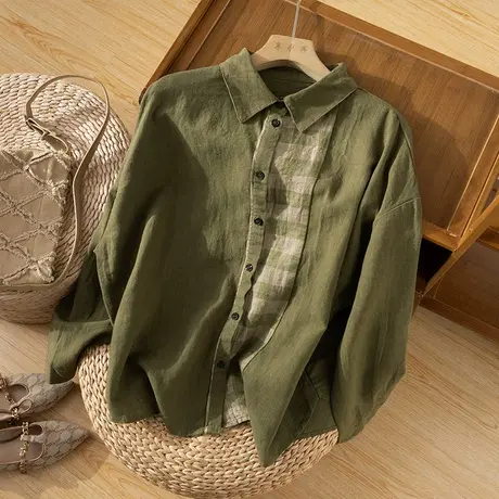 享永子亚麻衬衫女加厚文艺复古宽松棉麻衬衣上衣休闲2023秋季新款商品大图