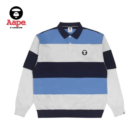 Aape旗舰店男装秋冬衬衫领宽条纹撞色拼接宽松薄绒卫衣3938XXJ商品大图