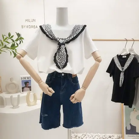 小众设计感上衣2022夏季新款韩国东大门chic豹纹丝巾短袖欧货T恤图片