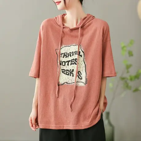 dza字母连帽短袖T恤女2023夏季薄款纯棉打底体恤宽松外搭套头上衣商品大图