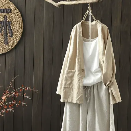 枫谜2020年秋装新款文艺复古一粒扣棉麻小开衫女宽松休闲棉麻外套商品大图