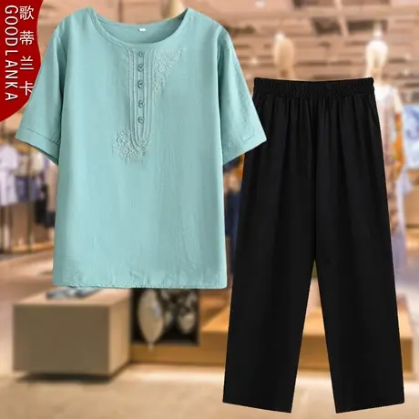 中老年妈妈夏装休闲套装大码宽松小衫上衣洋气奶奶短袖T恤两件套商品大图