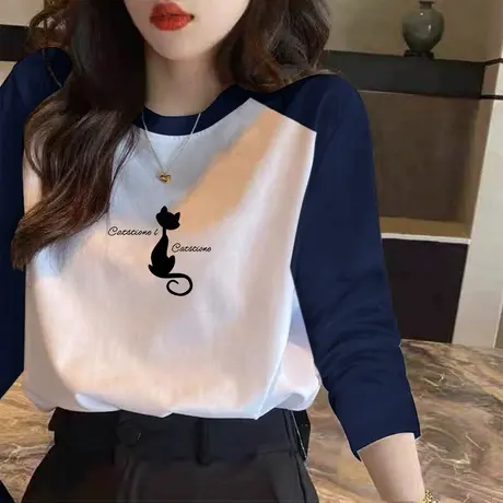 插肩袖纯棉t恤女宽松韩版打底衫女内搭2023春装新款长袖上衣体恤商品大图