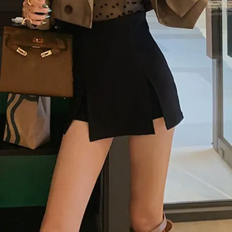 黑色高腰西装裙裤女2023春夏设计感高腰开叉显瘦百搭休闲阔腿裙裤图片