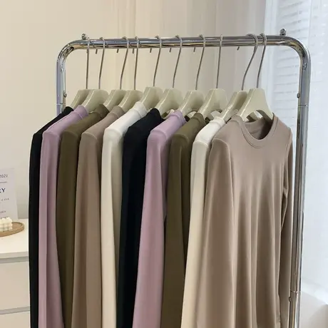 2022秋冬季纯色基础圆领德绒长袖打底衫女加厚保暖小立领内搭T恤商品大图