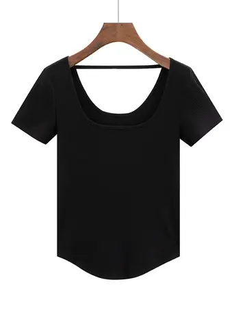 夏季新款韩版U领修身显瘦纯色下摆圆弧纯棉短袖体恤上衣内搭女装商品大图