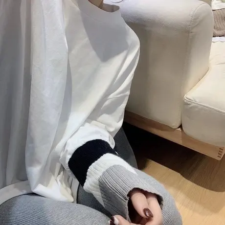 春秋2021新款设计感长袖t恤拼色宽松显瘦中长款纯棉打底衫上衣女商品大图