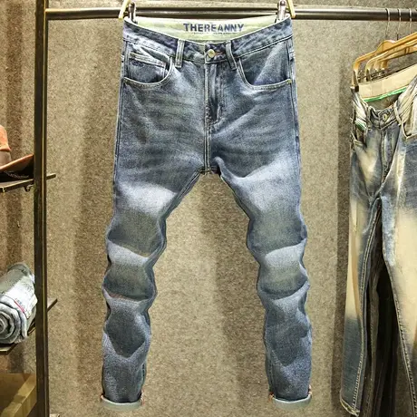 秋季深蓝色牛仔裤男休闲百搭修身小直筒弹力裤子潮牌高端水洗长裤图片