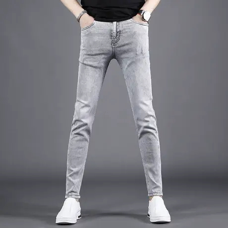 2022年新款浅灰色牛仔裤男修身小脚长裤夏季薄款潮流弹力男士裤子商品大图