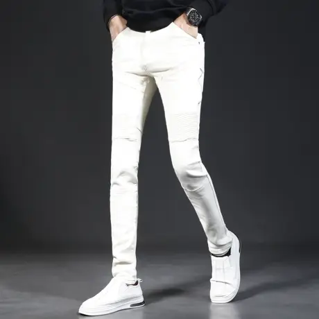 高街牛仔裤男秋季新款米白色修身小脚男士机车高级弹力潮牌裤子男商品大图