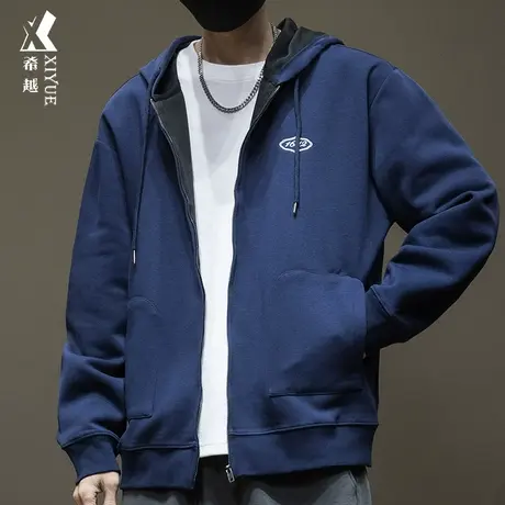 希越宝蓝色拉链卫衣男连帽开衫外套秋冬款宽松大码男士百搭衣服潮商品大图