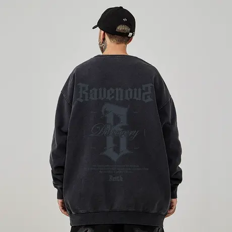 美式复古字母嘻哈大码圆领卫衣男装ins纯棉重磅水洗做旧高街春秋商品大图