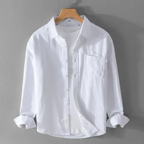 休闲衬衫男2023新款长袖纯棉牛仔衬衣白色拼接上衣男士外套春秋潮商品大图