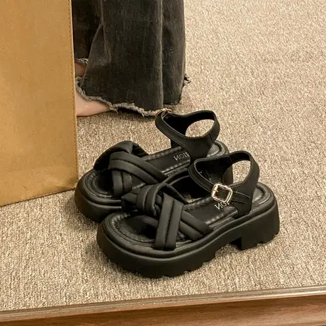 厚底粗跟凉鞋女2023新款夏季时尚松糕露趾一字扣中空交叉罗马鞋潮图片