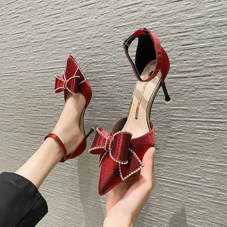 一字带尖头性感单鞋女细跟2023夏季新款时尚百搭蝴蝶结水钻高跟鞋图片