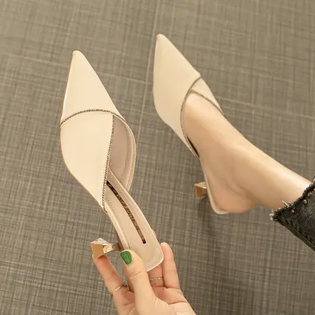 网红细跟包头半拖鞋女外穿2021年夏季新款仙女风水钻尖头高跟凉拖商品大图