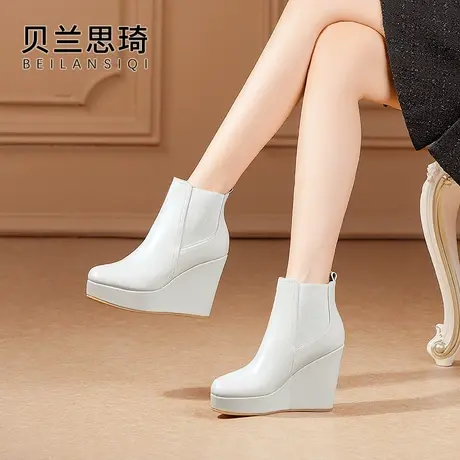 真皮圆头厚底舒适坡跟短靴女2023秋冬季新款百搭防水台高跟短靴子商品大图