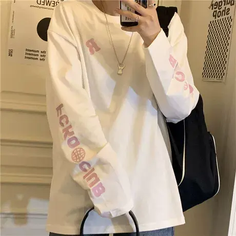 胖mm大码女装200斤宽松T恤长袖bf春秋季韩版ins上衣原宿风打底衫商品大图