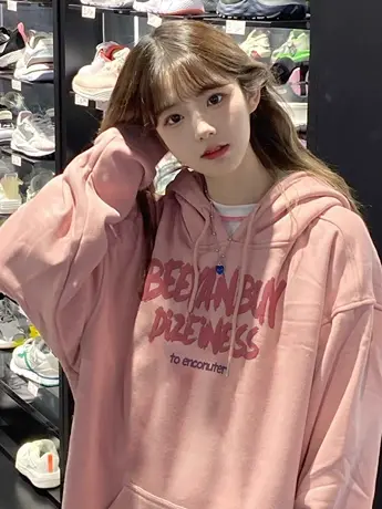 美式粉色连帽卫衣女春秋新款大码胖mm慵懒风加绒加厚上衣服200斤商品大图
