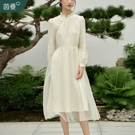 茵曼新中式国风花边领连衣裙女2023秋冬新款复古改良气质长袖裙子图片