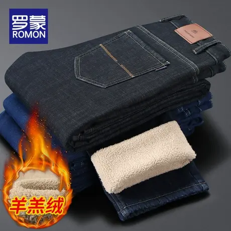 罗蒙加绒牛仔裤男士秋冬加厚直筒宽松外穿冬季保暖羊羔绒长裤子男商品大图
