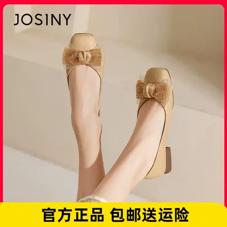 卓诗尼女鞋2023春季新款粗跟圆头一脚蹬低跟单鞋女蝴蝶结百搭船鞋图片