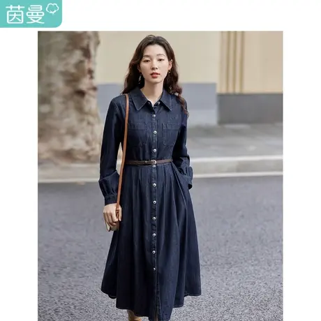 茵曼法式翻领牛仔连衣裙2023秋女装新款收腰大伞摆显瘦长袖中长裙图片