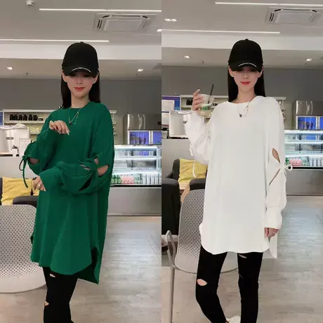 秋季新款女装中长款长袖T恤圆领纯色手袖镂空系绳宽松上衣百搭潮商品大图