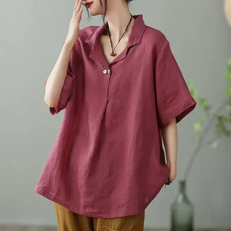 dza 复古苎麻短袖衬衫女2023夏薄款套头衬衣宽松显瘦棉麻外搭上衣商品大图