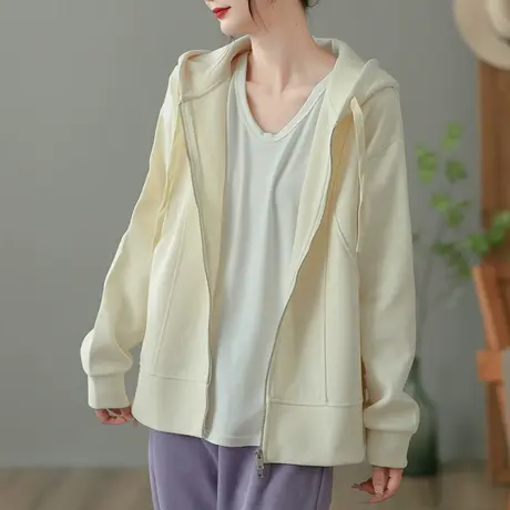 dza 复古纯色连帽外套女士春秋新款宽松运动上衣休闲短款长袖卫衣图片