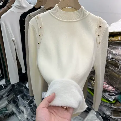 设计感纽扣加绒加厚针织打底衫女上衣2022秋冬新款一体绒内搭毛衣商品大图