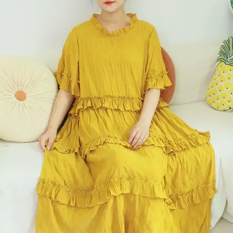 胖妹妹夏季2023新品敲费料法式蛋糕裙大码微胖荷叶袖宽松显瘦长裙商品大图