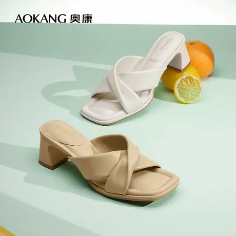 【门店发货】奥康女鞋 新款简约舒适约会方跟时尚凉拖鞋商品大图