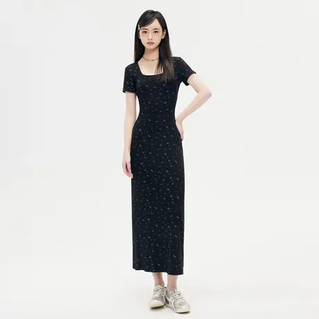 尔给修身小清新黑色法式碎花收腰连衣裙女夏季新款小个子气质长裙图片