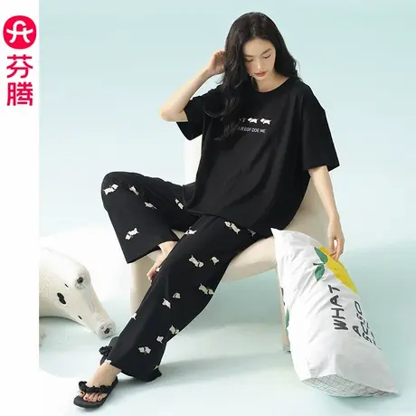 芬腾睡衣女夏季莫代尔棉短袖长裤薄款套装女款卡通宽松休闲家居服商品大图