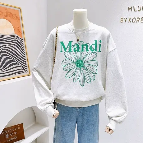 秋季韩代款~ins简约高级感印花长袖卫衣小个子显高穿搭上衣毛圈棉商品大图