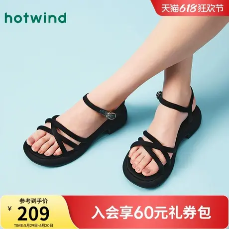 热风粗跟凉鞋女2025年夏季新款黑色百搭一字带女鞋休闲鞋子女款图片
