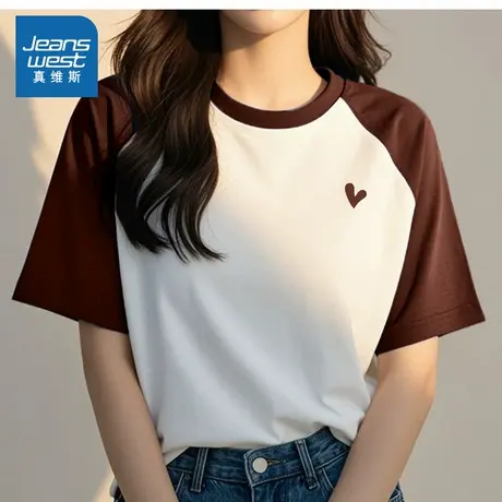 YD真维斯女装2025夏季新款女款黑白爱心印花时尚百搭女士短袖T恤商品大图