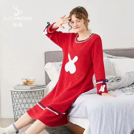 秋鹿奥莱清仓半边绒秋冬长袖套头家居服睡裙女加厚睡衣宽松连衣裙商品大图