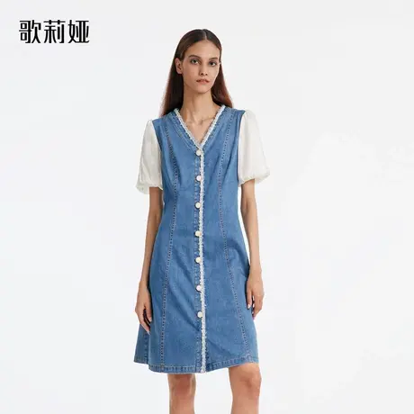 歌莉娅蓝色牛仔连衣裙女装夏季小香风气质小个子V领裙子1B3R4K10A商品大图