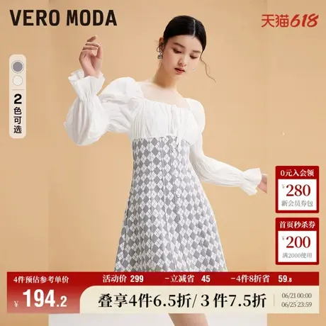 Vero Moda奥莱连衣裙子秋冬新款收腰方领泡泡袖拼接甜美风格纹女图片