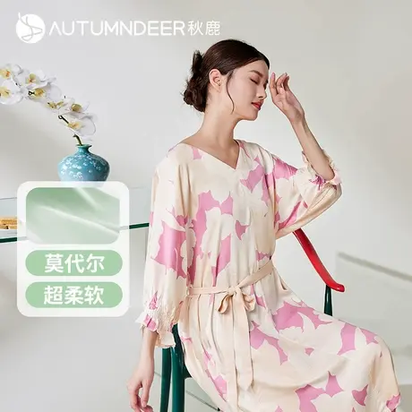 秋鹿【新中式中国风】莫代尔睡裙女夏款贡缎七分袖家居女裙中长款图片