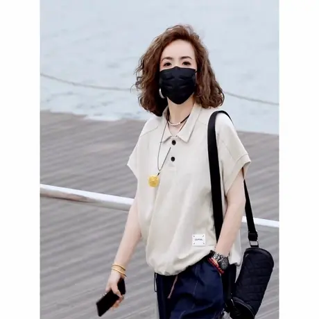 2025夏季新款休闲印花字母时尚纯色POLO领T恤女宽松显瘦短袖上衣商品大图