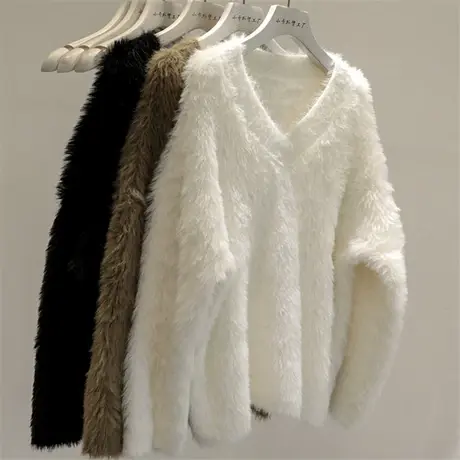 2022新款韩版仿貂绒V领套头毛衣女秋冬高级宽松厚实纯色百搭上衣图片