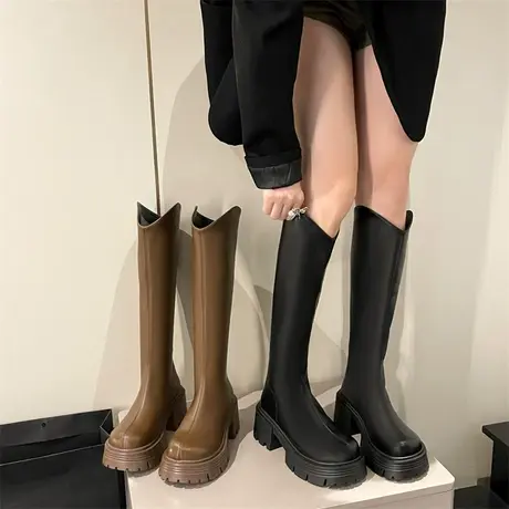 靴子女2023新款秋季v口高筒小个子厚底增高长靴气质百搭骑士靴潮图片