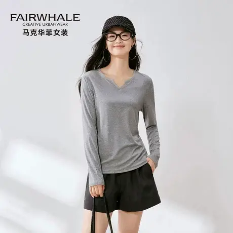 马克华菲2025新款长袖打底衫女修身显瘦高级感小v领桑蚕丝上衣T恤图片