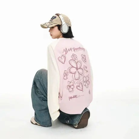 2025春秋新款插肩袖涂鸦印花长袖T恤女宽松休闲拼色男女同款上衣商品大图