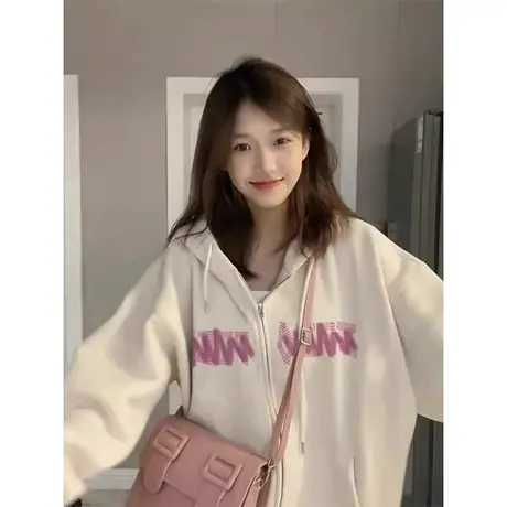 美式新款连帽开衫卫衣女秋冬加绒加厚宽松韩版慵懒风上衣拉链外套图片