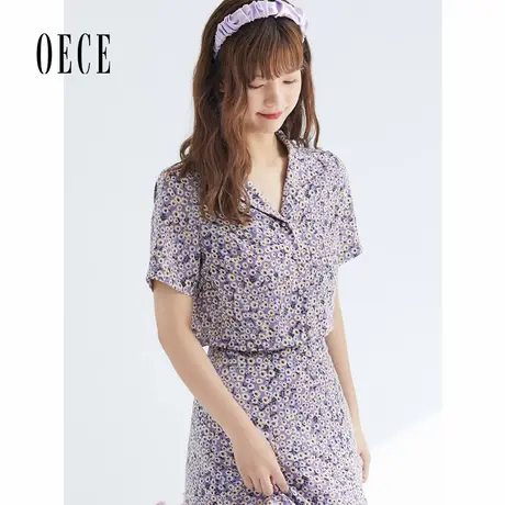 Oece夏装新款女装 小雏菊元气复古甜美翻领碎花短袖上衣商品大图